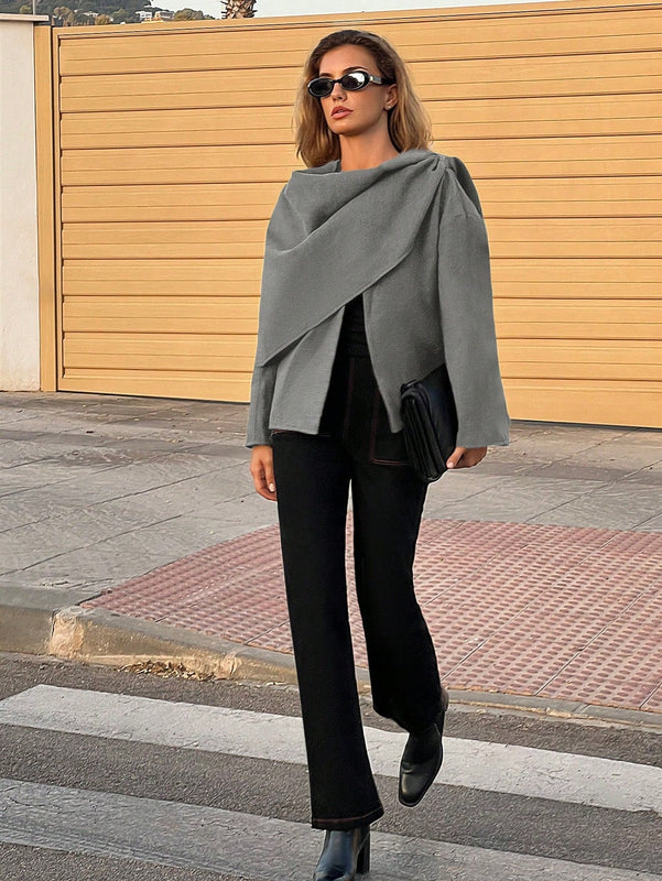 Essnce chaqueta de lana negra holgada y versatil para uso casual y de aeropuerto, diseno de bufanda de una pieza, chaqueta de cardigan corta de lana calida para el invierno, tendencia de moda otono 2024
