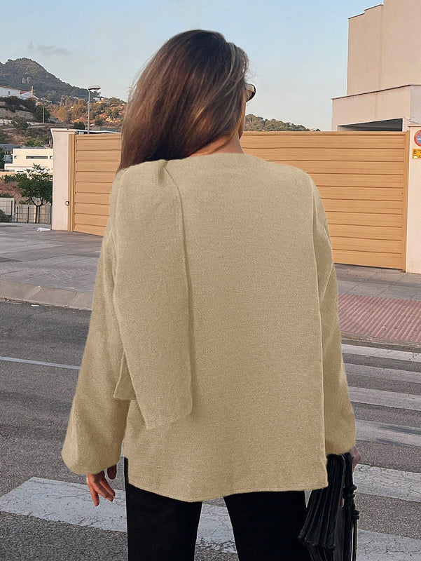 Essnce chaqueta de lana negra holgada y versatil para uso casual y de aeropuerto, diseno de bufanda de una pieza, chaqueta de cardigan corta de lana calida para el invierno, tendencia de moda otono 2024
