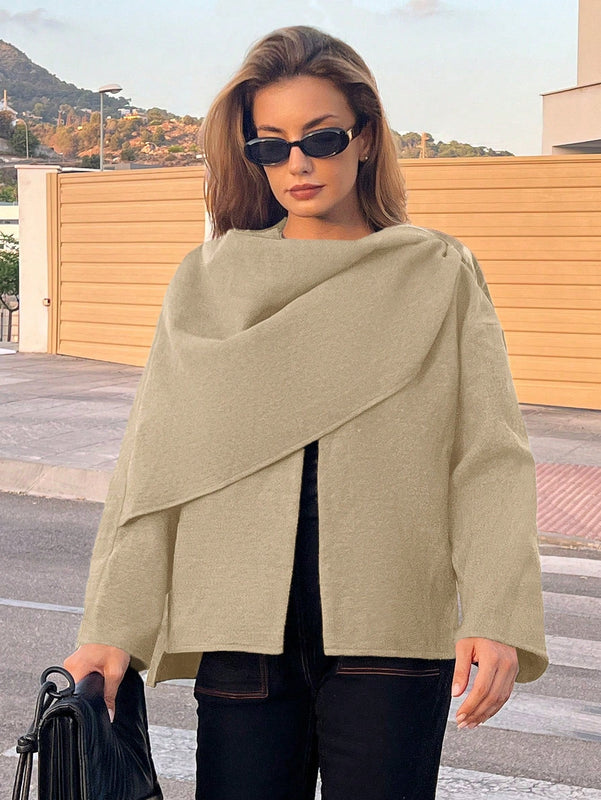 Essnce chaqueta de lana negra holgada y versatil para uso casual y de aeropuerto, diseno de bufanda de una pieza, chaqueta de cardigan corta de lana calida para el invierno, tendencia de moda otono 2024