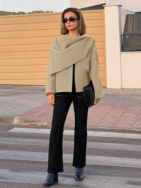 Essnce chaqueta de lana negra holgada y versatil para uso casual y de aeropuerto, diseno de bufanda de una pieza, chaqueta de cardigan corta de lana calida para el invierno, tendencia de moda otono 2024