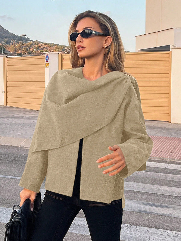 Essnce chaqueta de lana negra holgada y versatil para uso casual y de aeropuerto, diseno de bufanda de una pieza, chaqueta de cardigan corta de lana calida para el invierno, tendencia de moda otono 2024