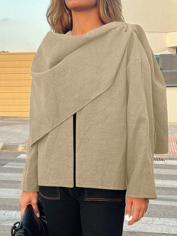 Essnce chaqueta de lana negra holgada y versatil para uso casual y de aeropuerto, diseno de bufanda de una pieza, chaqueta de cardigan corta de lana calida para el invierno, tendencia de moda otono 2024