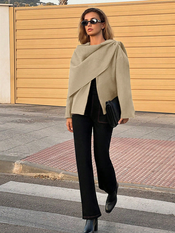 Essnce chaqueta de lana negra holgada y versatil para uso casual y de aeropuerto, diseno de bufanda de una pieza, chaqueta de cardigan corta de lana calida para el invierno, tendencia de moda otono 2024