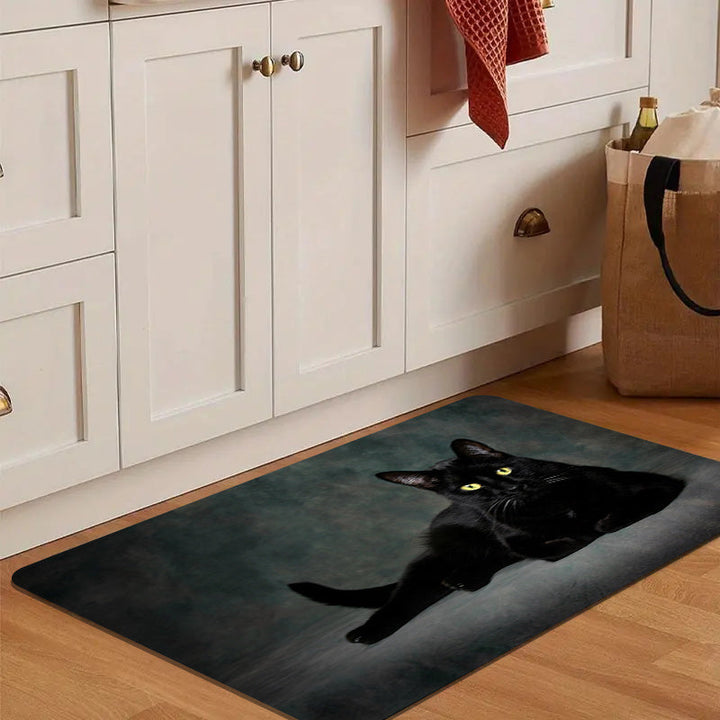 1pc Alfombra de cocina de gato negro de 1.1 cm de grosor, fibra de poliéster duradera, lavable a máquina, respaldo antideslizante, ideal para cocina, sala de estar, porche, balcón y decoración del hogar, alfombra de cocina