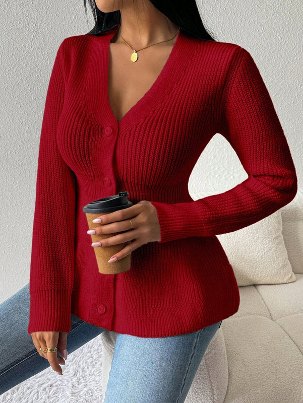 Lune cardigan elegante de mujer con cuello en v, cintura cenida y volantes en el bajo