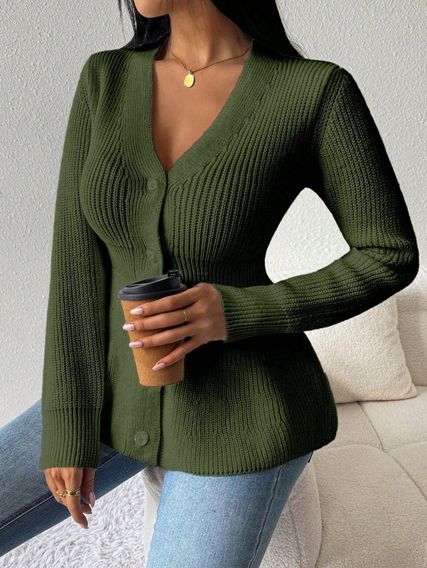 Lune cardigan elegante de mujer con cuello en v, cintura cenida y volantes en el bajo