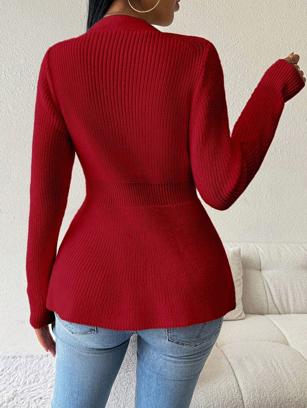 Lune cardigan elegante de mujer con cuello en v, cintura cenida y volantes en el bajo