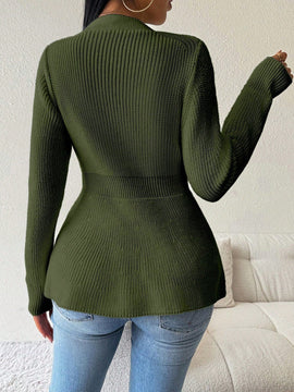 Lune cardigan elegante de mujer con cuello en v, cintura cenida y volantes en el bajo