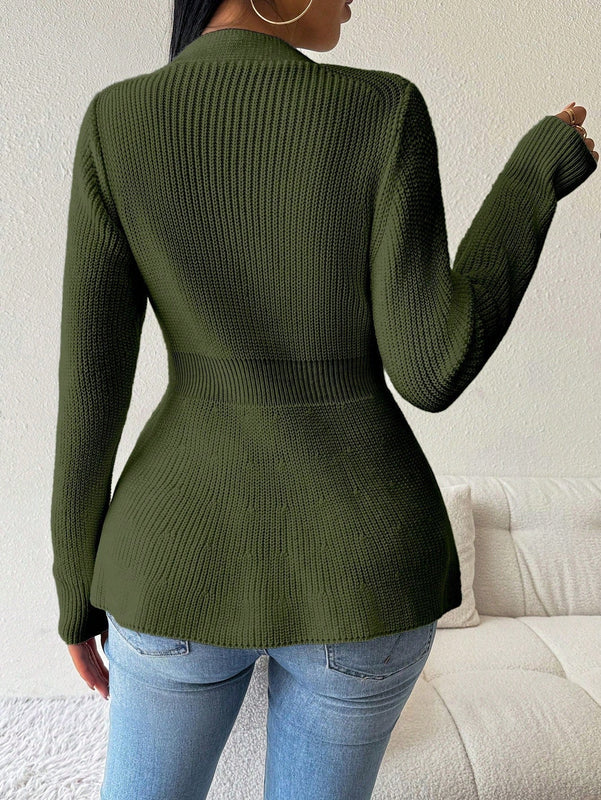 Lune cardigan elegante de mujer con cuello en v, cintura cenida y volantes en el bajo