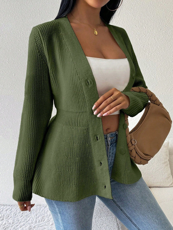Lune cardigan elegante de mujer con cuello en v, cintura cenida y volantes en el bajo