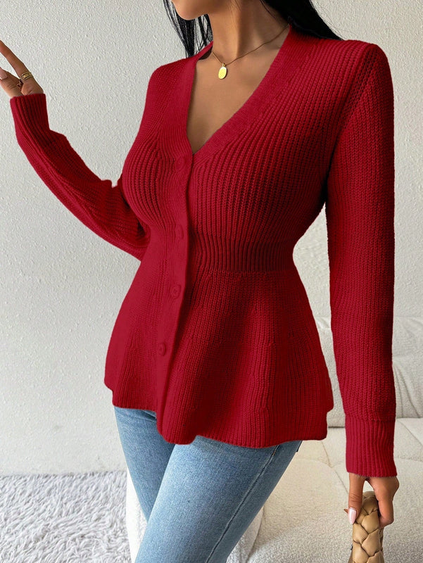 Lune cardigan elegante de mujer con cuello en v, cintura cenida y volantes en el bajo