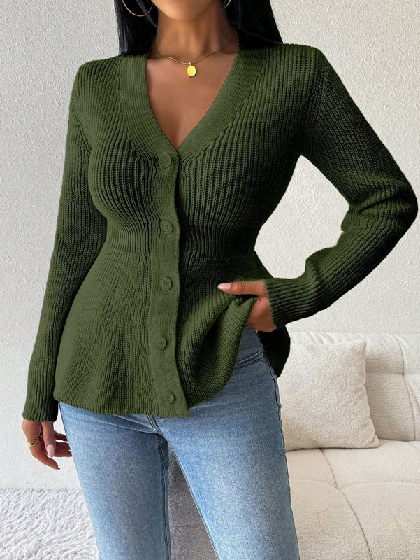 Lune cardigan elegante de mujer con cuello en v, cintura cenida y volantes en el bajo
