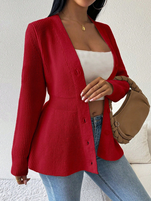 Lune cardigan elegante de mujer con cuello en v, cintura cenida y volantes en el bajo