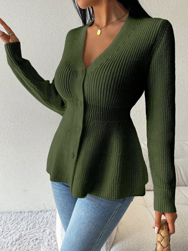 Lune cardigan elegante de mujer con cuello en v, cintura cenida y volantes en el bajo
