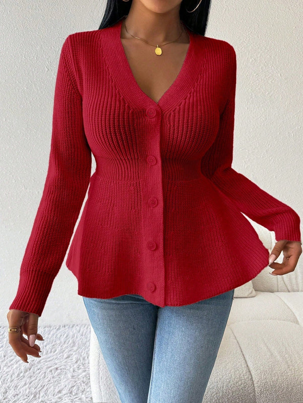 Lune cardigan elegante de mujer con cuello en v, cintura cenida y volantes en el bajo