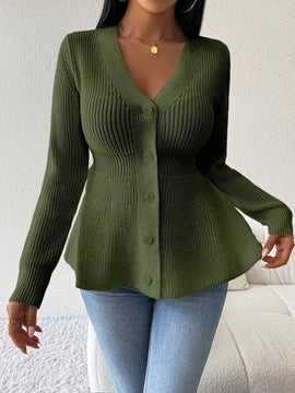 Lune cardigan elegante de mujer con cuello en v, cintura cenida y volantes en el bajo