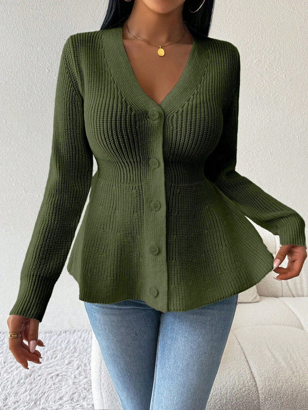 Lune cardigan elegante de mujer con cuello en v, cintura cenida y volantes en el bajo