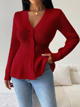 Lune cardigan elegante de mujer con cuello en v, cintura cenida y volantes en el bajo