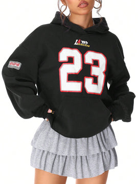 Coolane sudadera casual con capucha negra minimalista con estampado de letras para mujer