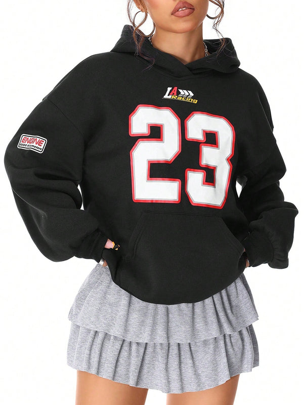 Coolane sudadera casual con capucha negra minimalista con estampado de letras para mujer