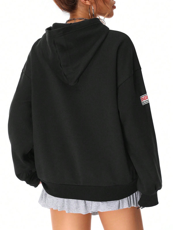 Coolane sudadera casual con capucha negra minimalista con estampado de letras para mujer