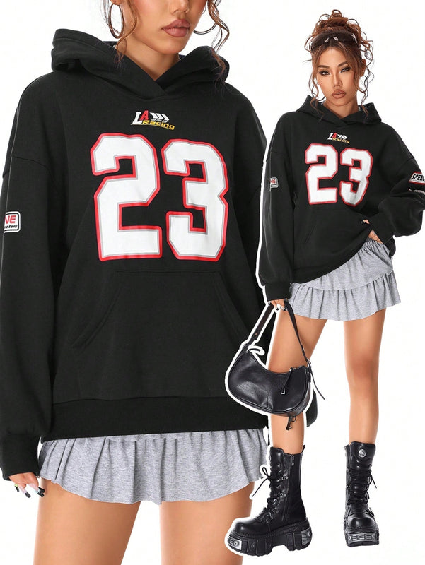 Coolane sudadera casual con capucha negra minimalista con estampado de letras para mujer