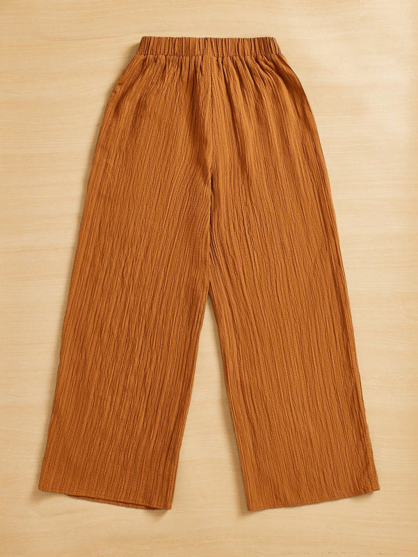 Essnce pantalones casuales de pernera ancha de 7/8 con textura y cintura anudada de unicolor para mujer