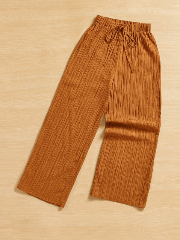 Essnce pantalones casuales de pernera ancha de 7/8 con textura y cintura anudada de unicolor para mujer