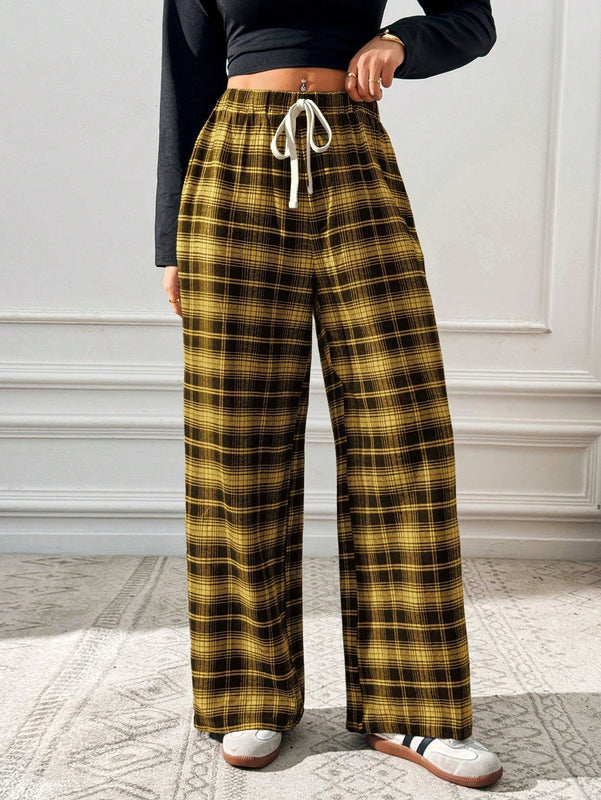 Essnce pantalones rectos y holgados con cintura de cordon a cuadros para mujer