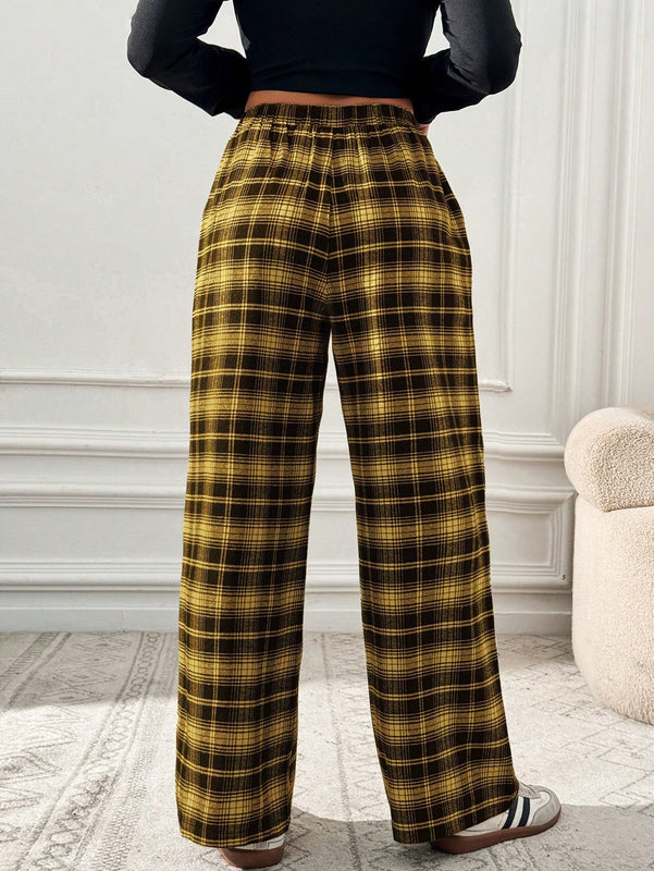 Essnce pantalones rectos y holgados con cintura de cordon a cuadros para mujer