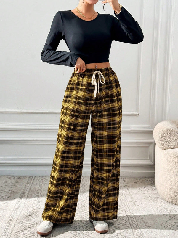 Essnce pantalones rectos y holgados con cintura de cordon a cuadros para mujer