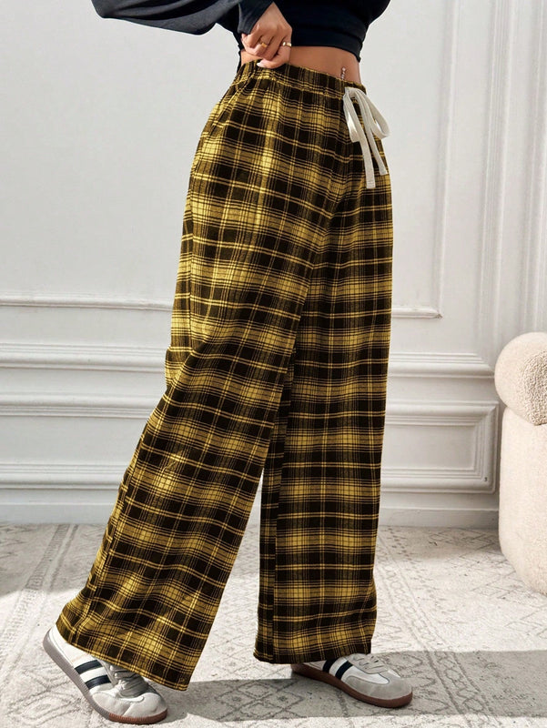Essnce pantalones rectos y holgados con cintura de cordon a cuadros para mujer