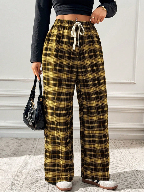 Essnce pantalones rectos y holgados con cintura de cordon a cuadros para mujer