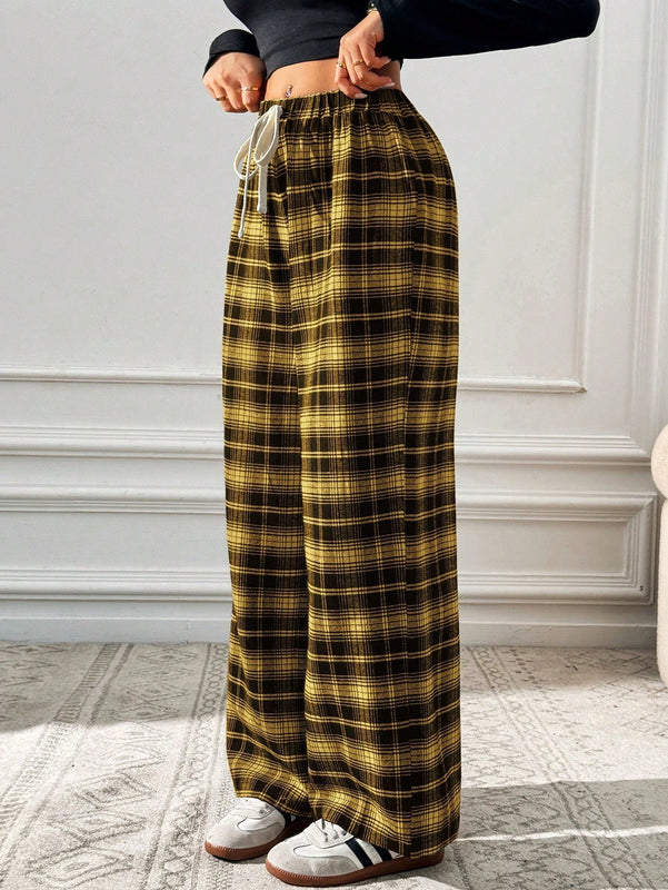 Essnce pantalones rectos y holgados con cintura de cordon a cuadros para mujer