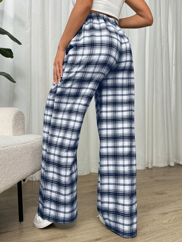 Essnce pantalones rectos y holgados con cintura de cordon a cuadros para mujer