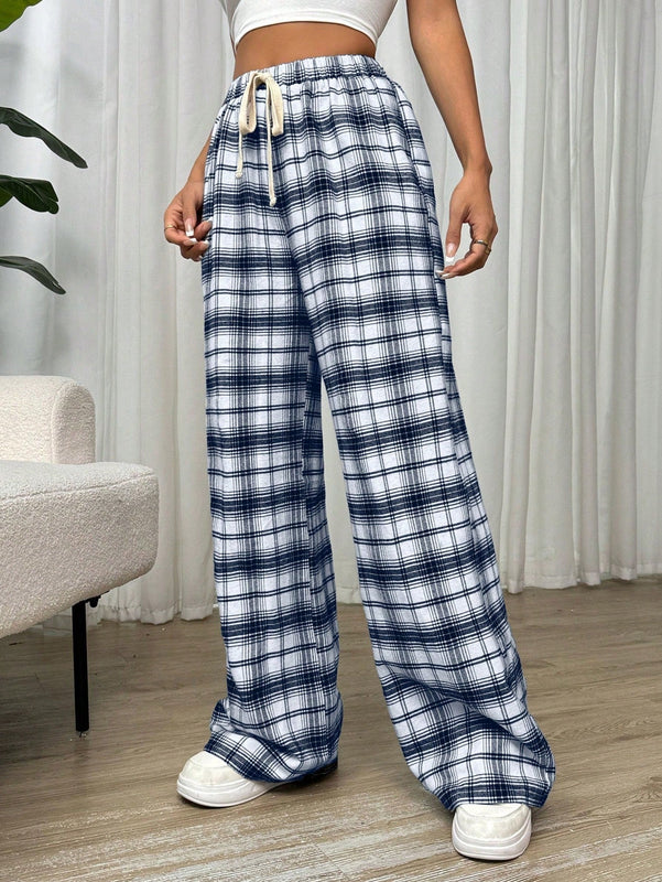 Essnce pantalones rectos y holgados con cintura de cordon a cuadros para mujer