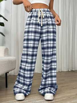 Essnce pantalones rectos y holgados con cintura de cordon a cuadros para mujer