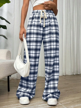 Essnce pantalones rectos y holgados con cintura de cordon a cuadros para mujer