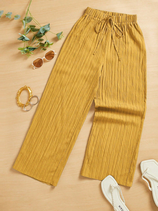 Essnce pantalones casuales de pernera ancha de 7/8 con textura y cintura anudada de unicolor para mujer
