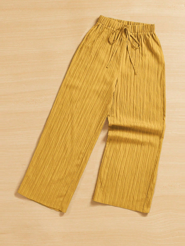 Essnce pantalones casuales de pernera ancha de 7/8 con textura y cintura anudada de unicolor para mujer