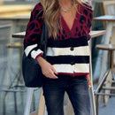 Cardigan de cuello en v de botones gruesos de contraste de estampado de leopardo y rayas para otono e invierno