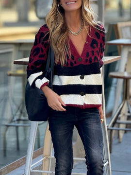 Cardigan de cuello en v de botones gruesos de contraste de estampado de leopardo y rayas para otono e invierno