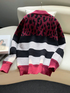 Cardigan de cuello en v de botones gruesos de contraste de estampado de leopardo y rayas para otono e invierno