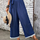 Nuevos pantalones sueltos con efecto denim, cintura elastica, lazo y bajo acampanado para mujer