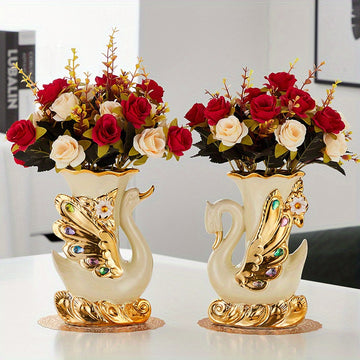 2 piezas de jarrones de cerámica de cisne elegantes, estilo vintage cilíndrico decoración para el hogar, ornamentos de mesa boho chic, no requiere energía, funcionamiento sin baterías, acentos decorativos de mesa | Diseño elegante | Jarrones artesanales
