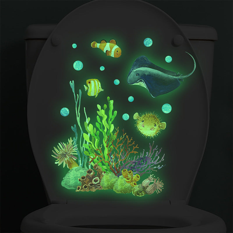 1pc Pegatina de Inodoro del Mundo Submarino que Brilla en la Oscuridad - Coral Vibrante, Pez Diablo y Criaturas Marinas Decoración de Pared de Baño, Pegatina de Plástico No Eléctrica para el Baño de Niños o Sala de Juegos