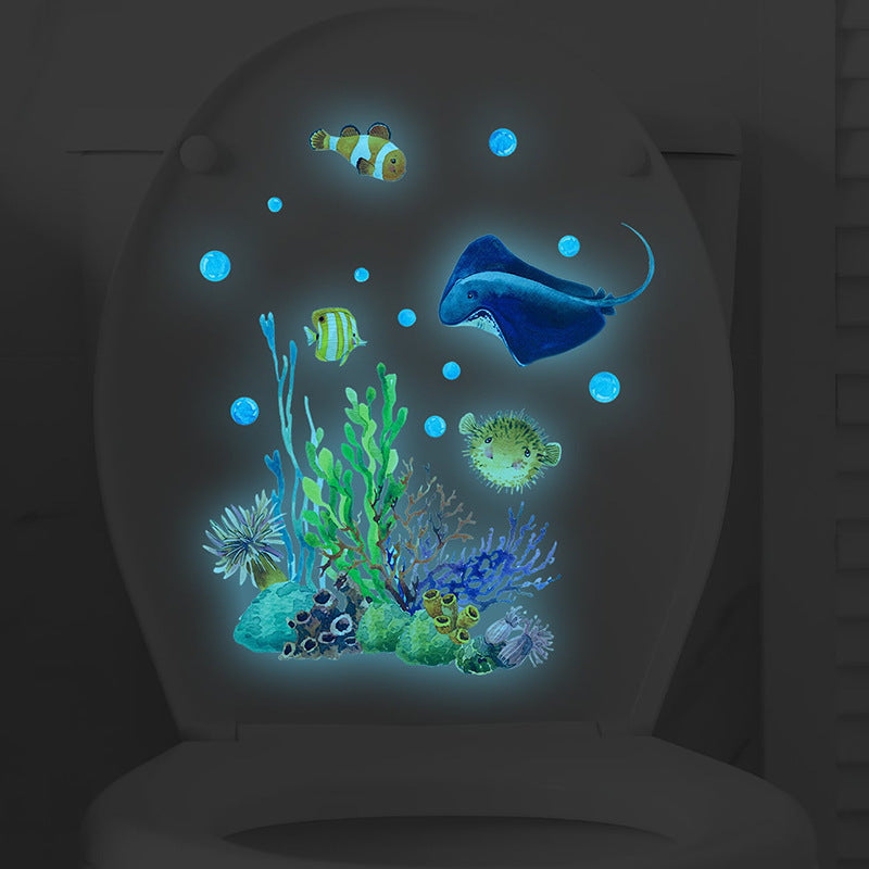 1pc Pegatina de Inodoro del Mundo Submarino que Brilla en la Oscuridad - Coral Vibrante, Pez Diablo y Criaturas Marinas Decoración de Pared de Baño, Pegatina de Plástico No Eléctrica para el Baño de Niños o Sala de Juegos