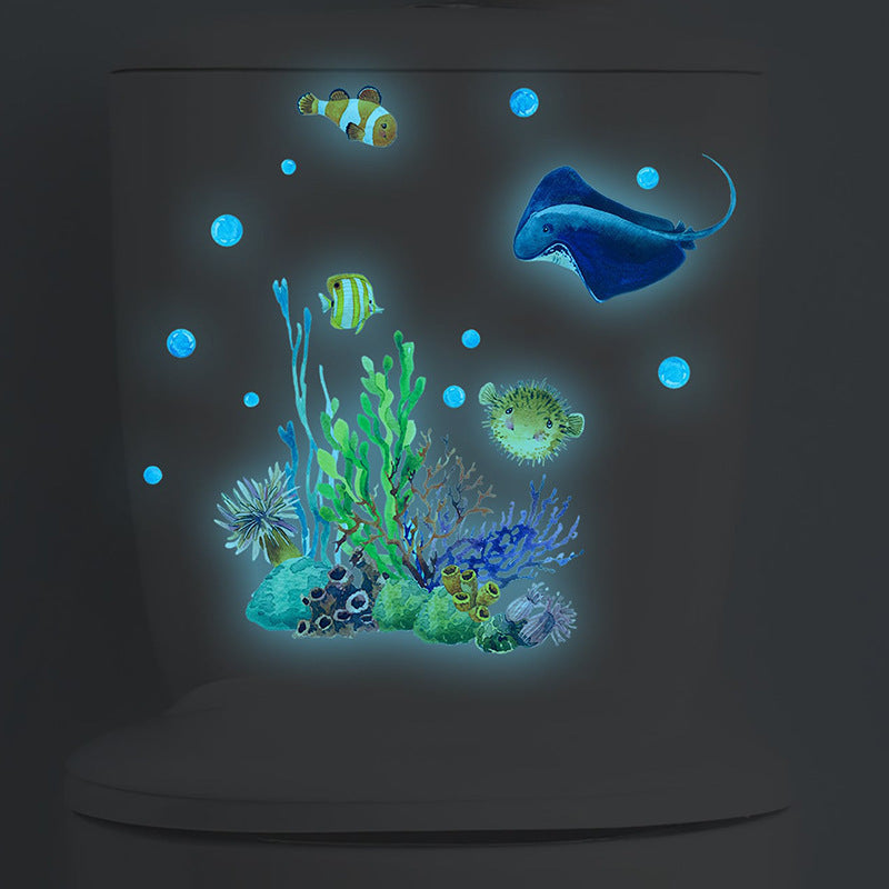 1pc Pegatina de Inodoro del Mundo Submarino que Brilla en la Oscuridad - Coral Vibrante, Pez Diablo y Criaturas Marinas Decoración de Pared de Baño, Pegatina de Plástico No Eléctrica para el Baño de Niños o Sala de Juegos
