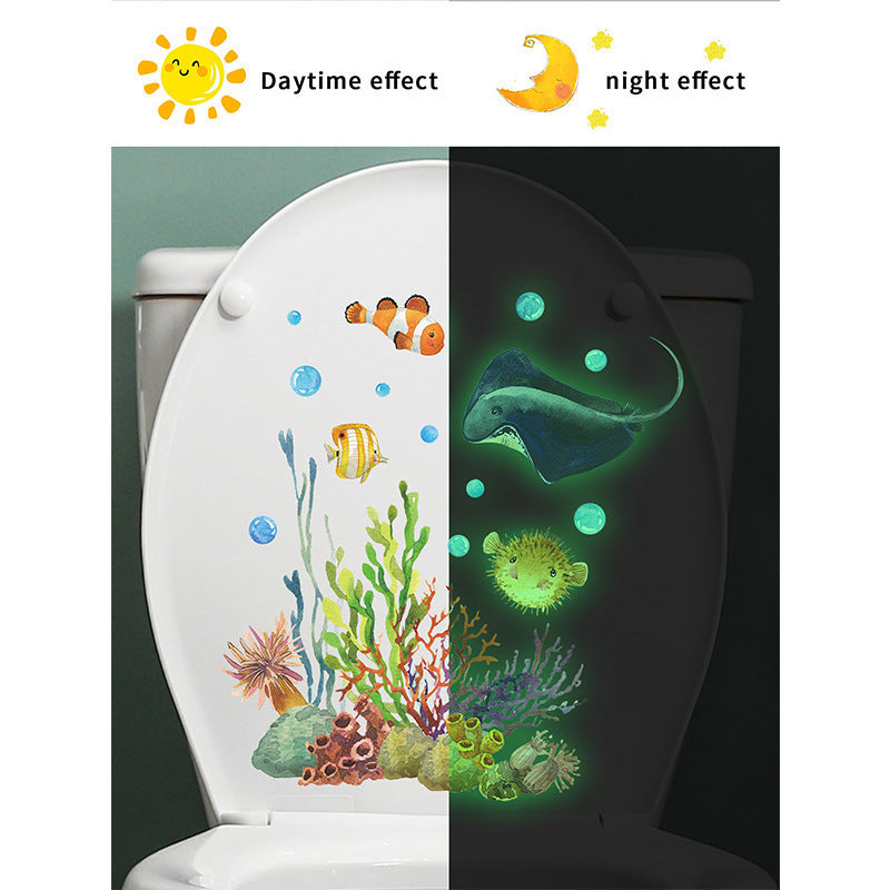 1pc Pegatina de Inodoro del Mundo Submarino que Brilla en la Oscuridad - Coral Vibrante, Pez Diablo y Criaturas Marinas Decoración de Pared de Baño, Pegatina de Plástico No Eléctrica para el Baño de Niños o Sala de Juegos