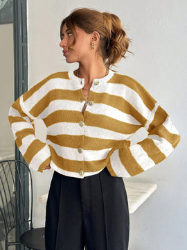 Cardigan de mujer con cuello redondo y botones delanteros, con estampado de rayas